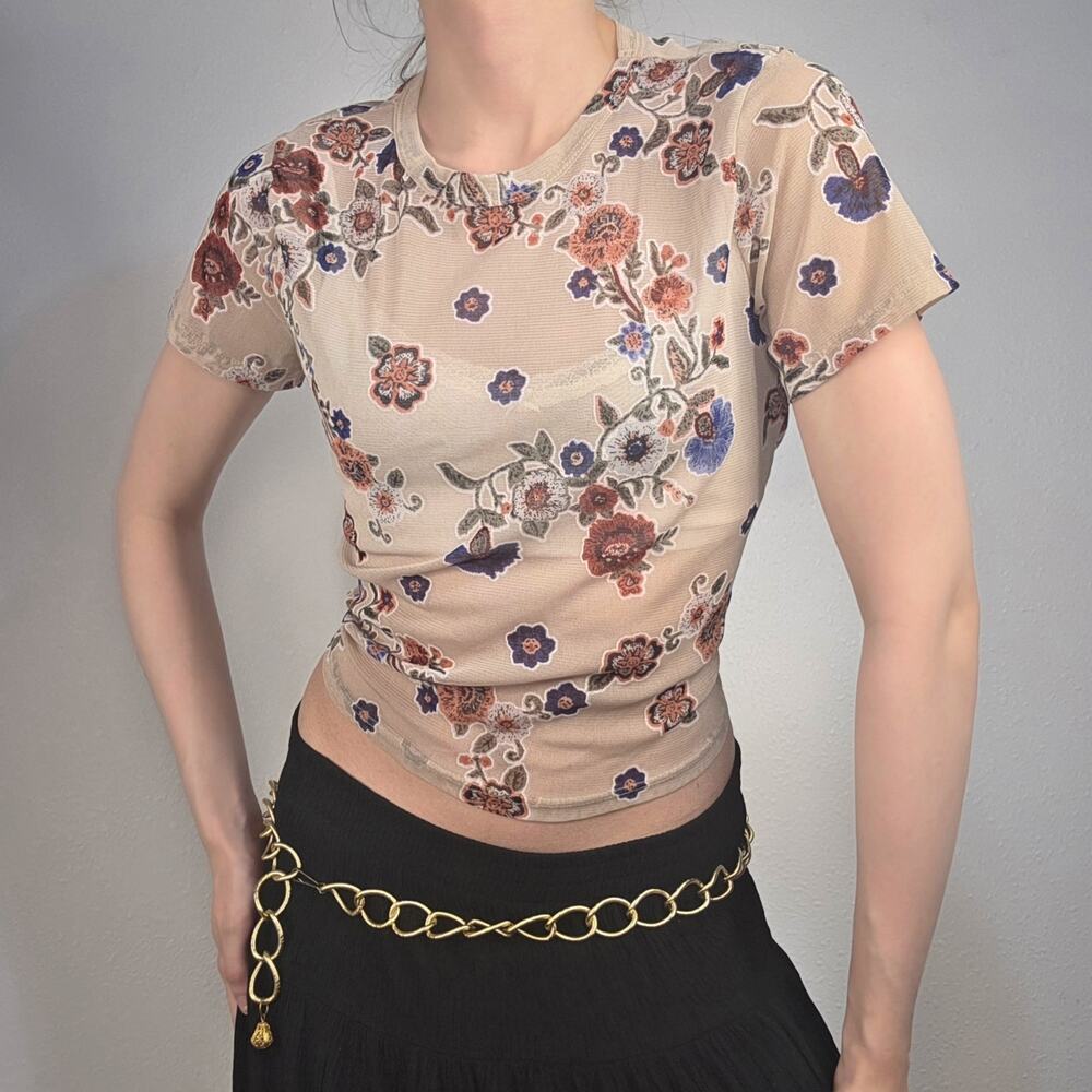 Sheer Floral Mesh Baby Tee Fairy Grunge Indie Sleaze Stretch Top Festival